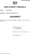 Mrs C Watkins v Velindre University NHS Trust: 1600081/2019- Dismissal Judgment.
